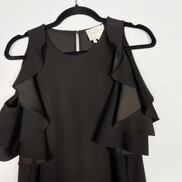 Kate Spade Small S Black Ruffled Crepe Cold Shoulder Dress LBD Cocktail Shift - Picture 3 of 12